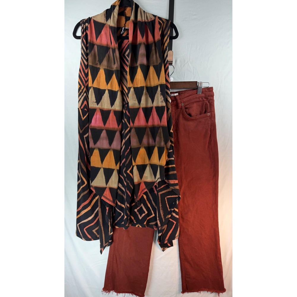 Winter Sun Geometric Vest & Zara Rust Red Raw Hem Cropped Jeans Set Womens Small